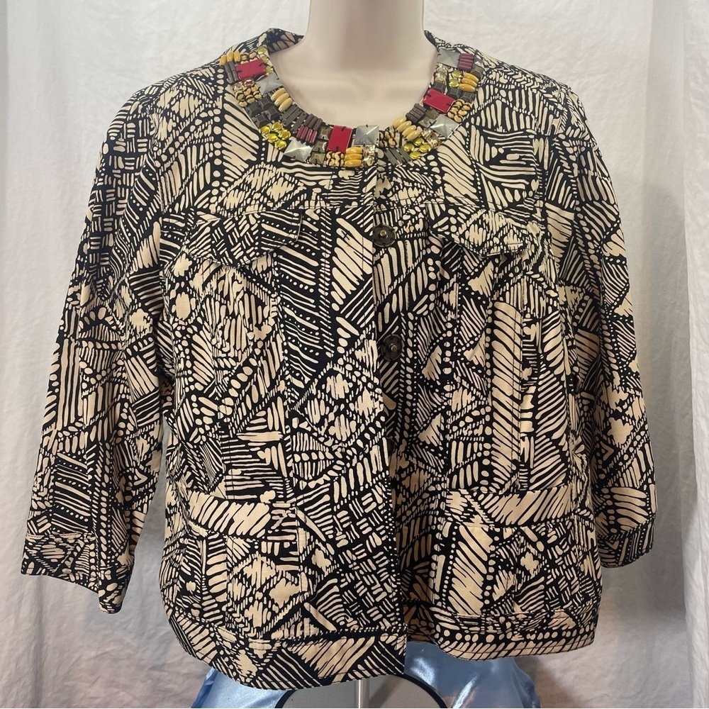 Ruby Road Geometric Black and Cream Women jacket embellished collar. Size 14
